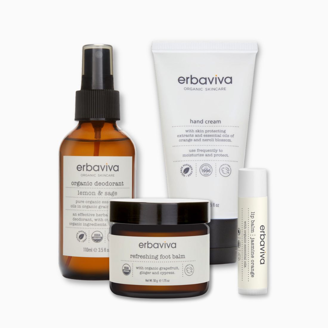 Erbaviva his bundles, organic deodorant, foot balm, hand cream, lip balm