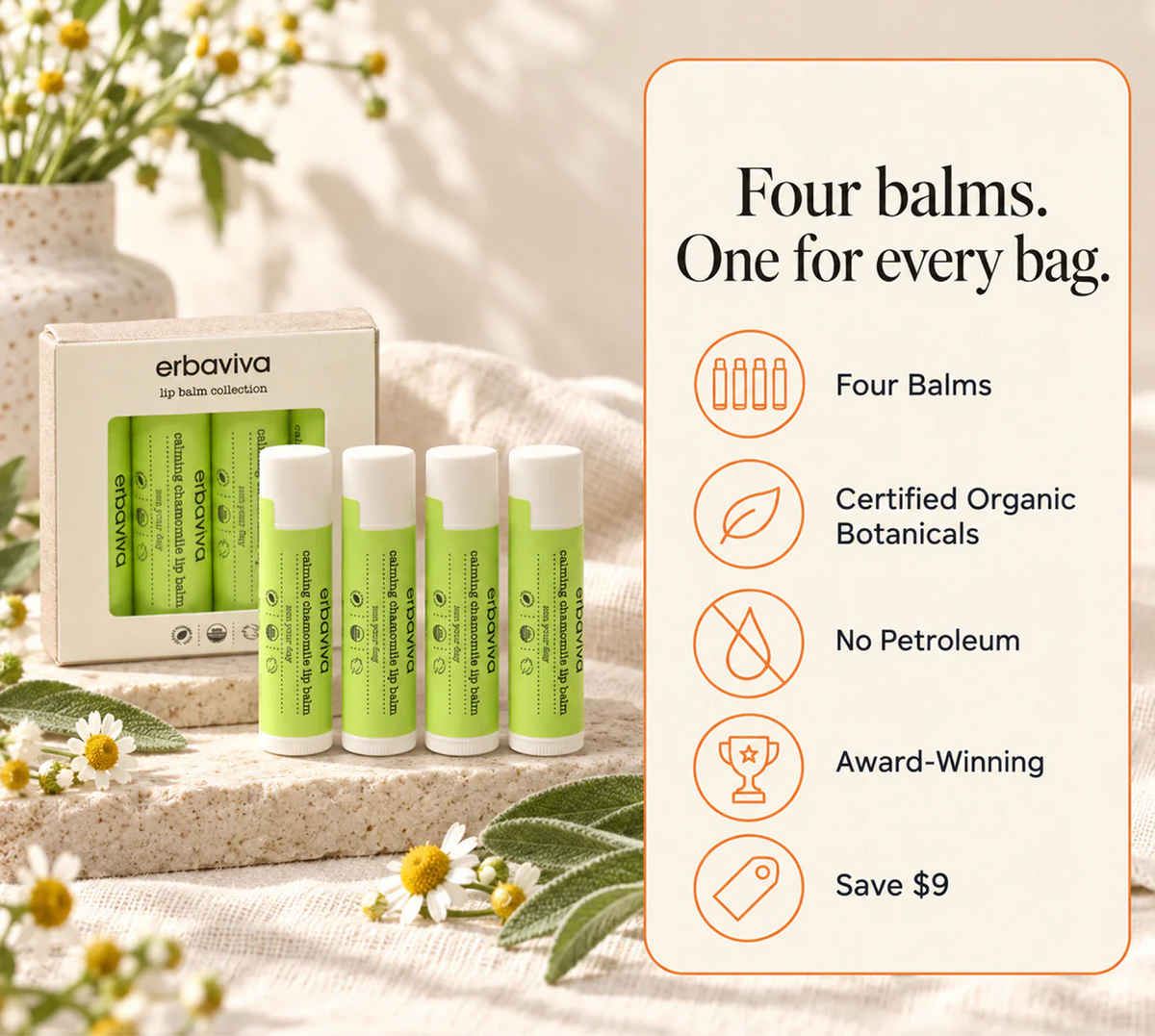 Lip Balm Calming Chamomile 4PK product gallery artwork, image 1 of 6