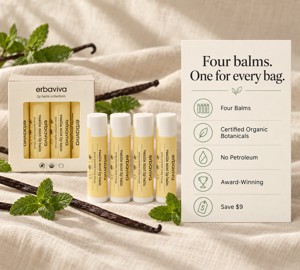 Lip Balm Vanilla Mint 4PK product gallery artwork, image 1 of 6